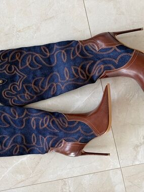 Denim & Brown Leather High Heel Booties with Embroidered Swirl Detail